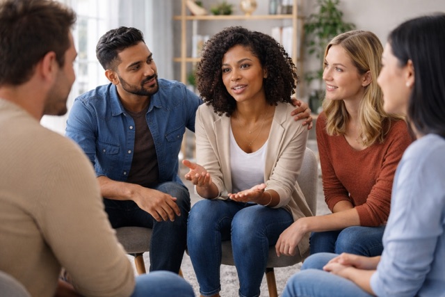 A small therapy group talking together in a circle